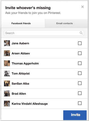 Redesigned Pinterest invite screen with checkboxes.