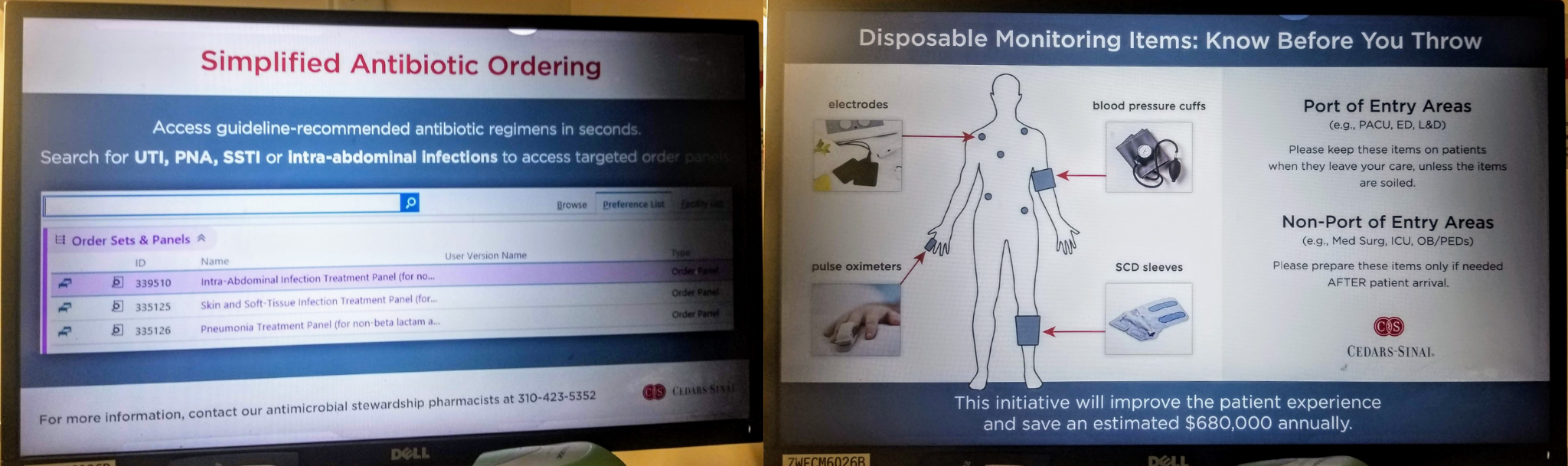 These first screen notes a new, simplified antibiotic ordering system for hospital staff. The second screen notes which items to dispose of when a patient is being discharged. 