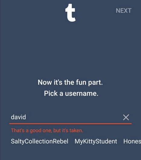 Error message shown on Tumblr.com when a username chosen by the user isn’t available. The message says, That’s a good one, but it’s taken.