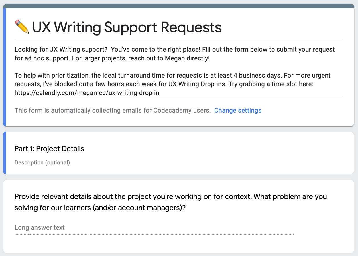 Form for submitting UX writing support requests. The form asks for project details and relevant details about the problem the request is solving for users.