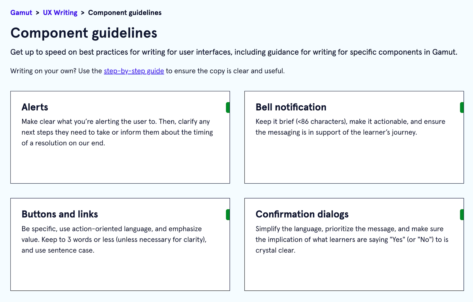 Component guidelines in the UX writing section of Gamut, Codecademy's design system, with guidance listed for alerts, bell notifications, buttons and links, and confirmation dialogs.