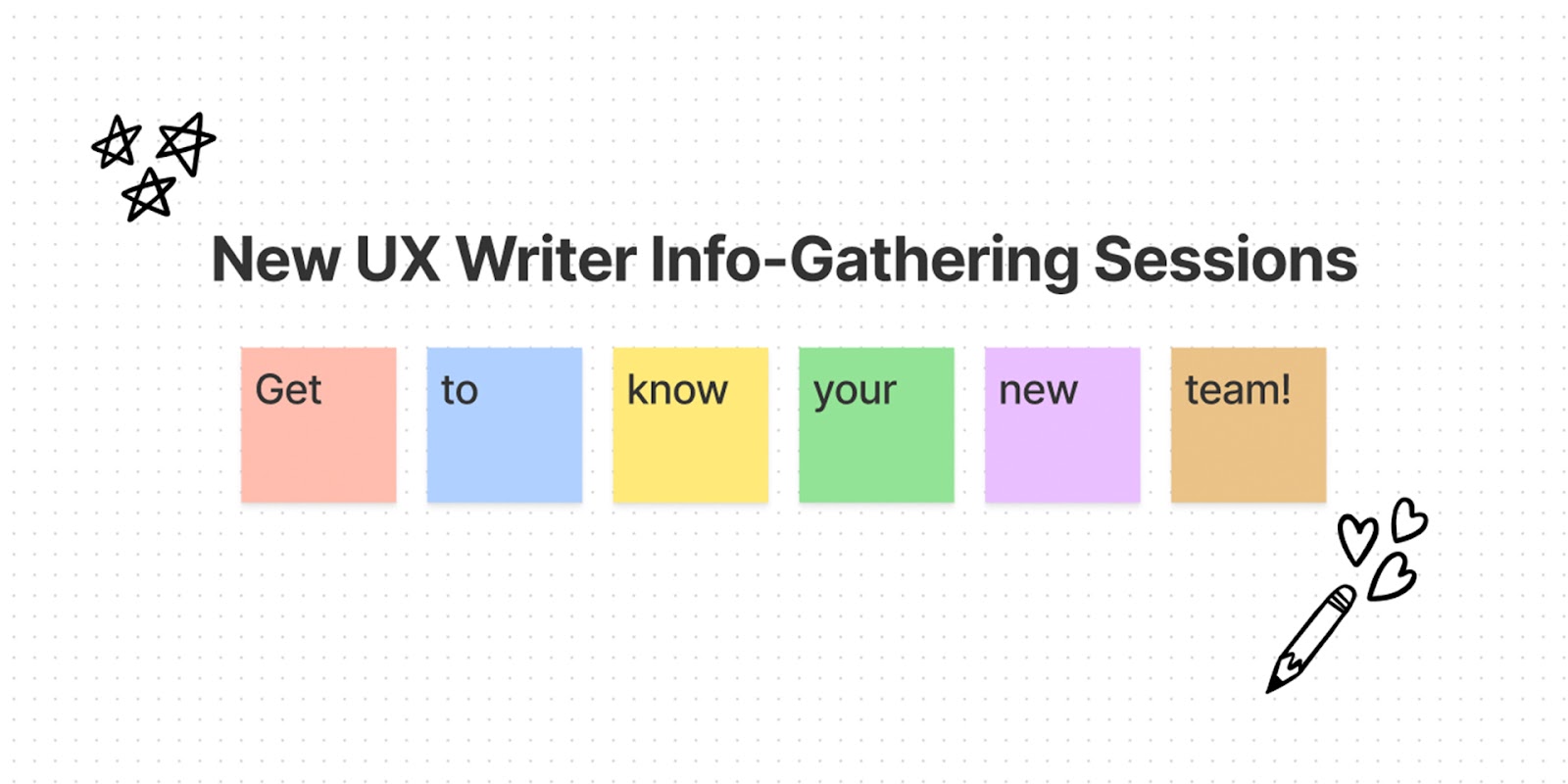 Thumbnail image for a FigJam template for New UX Writer Info-Gathering Sessions, featuring post-its with the words get to know your new team.