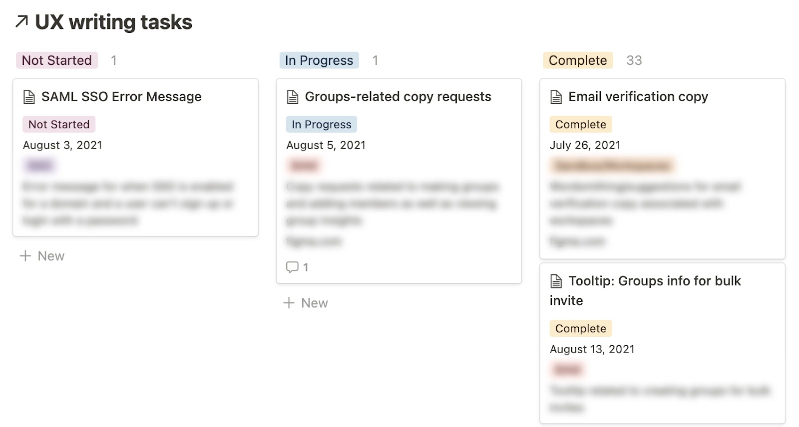 UX writing tasks kanban board in Notion that includes tasks within Not Started, In Progress, and Complete columns.