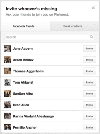 Old Pinterest invite friends screen with an invite button for every friend in the list.