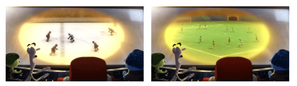 An example from the Disney movie Inside Out shows how the sport shown in the scene changes from American hockey to European football depending on the country.