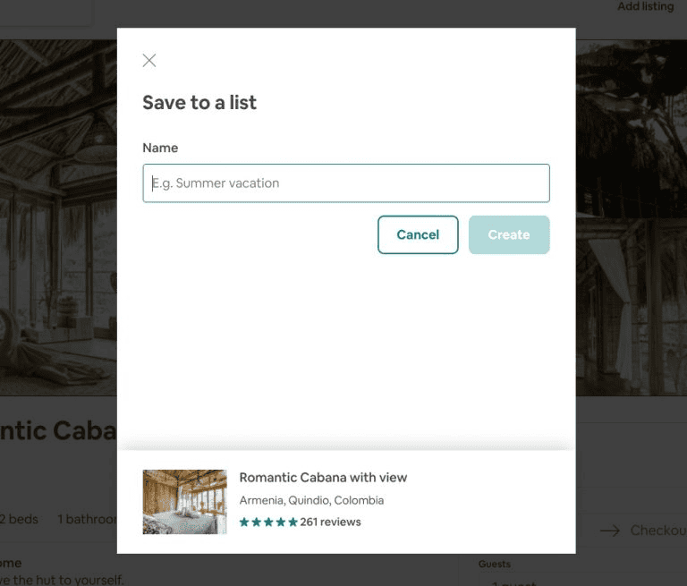 Airbnb prompts user to save a booking to a "list".