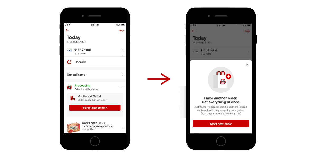 The Target app explains how to cancel your order or even place an additional order for items you forgot to add.