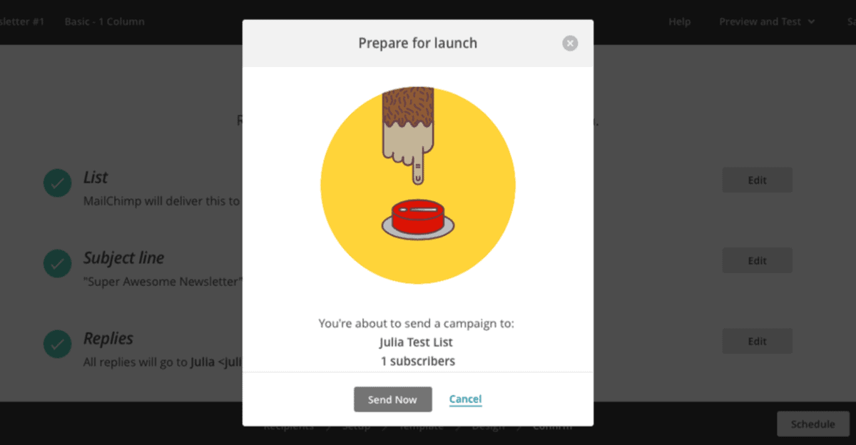 In this confirmation modal, Mailchimp reminds you what you’ve selected in previous steps.