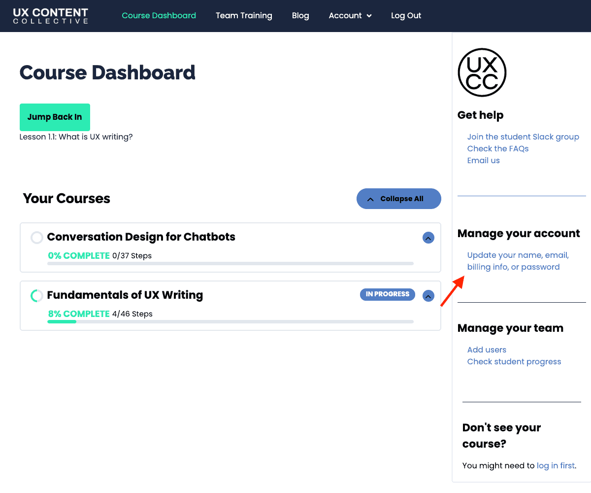 UXCC student dashboard, manage your account link.