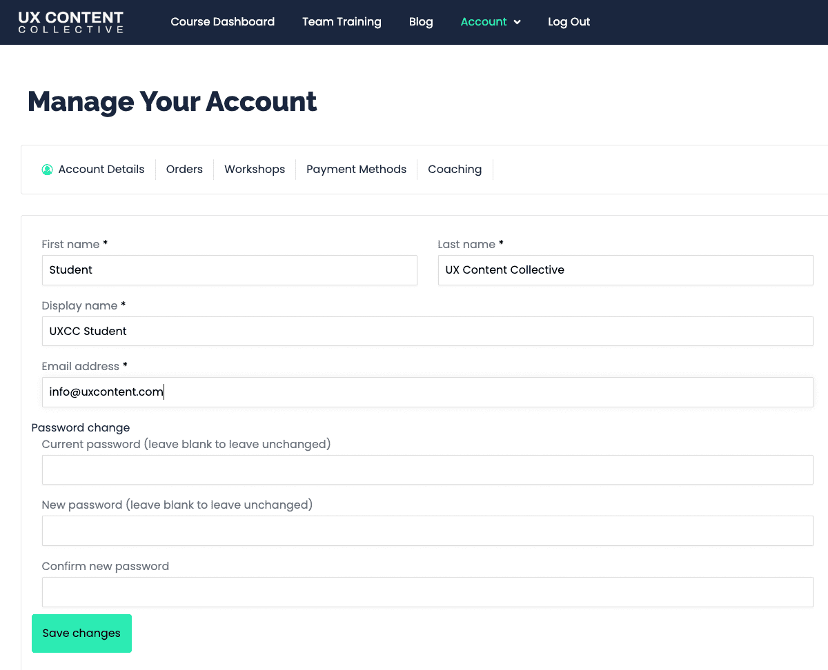 UXCC manage your account page.