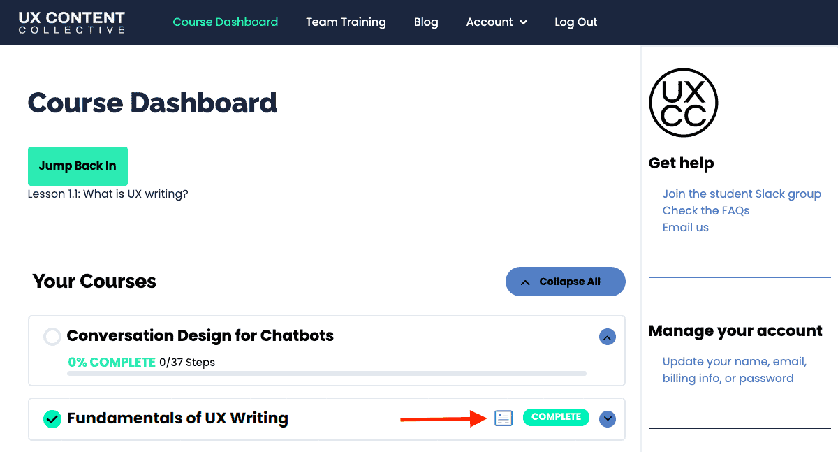 UXCC course dashboard showing a completed course with a certificate icon.