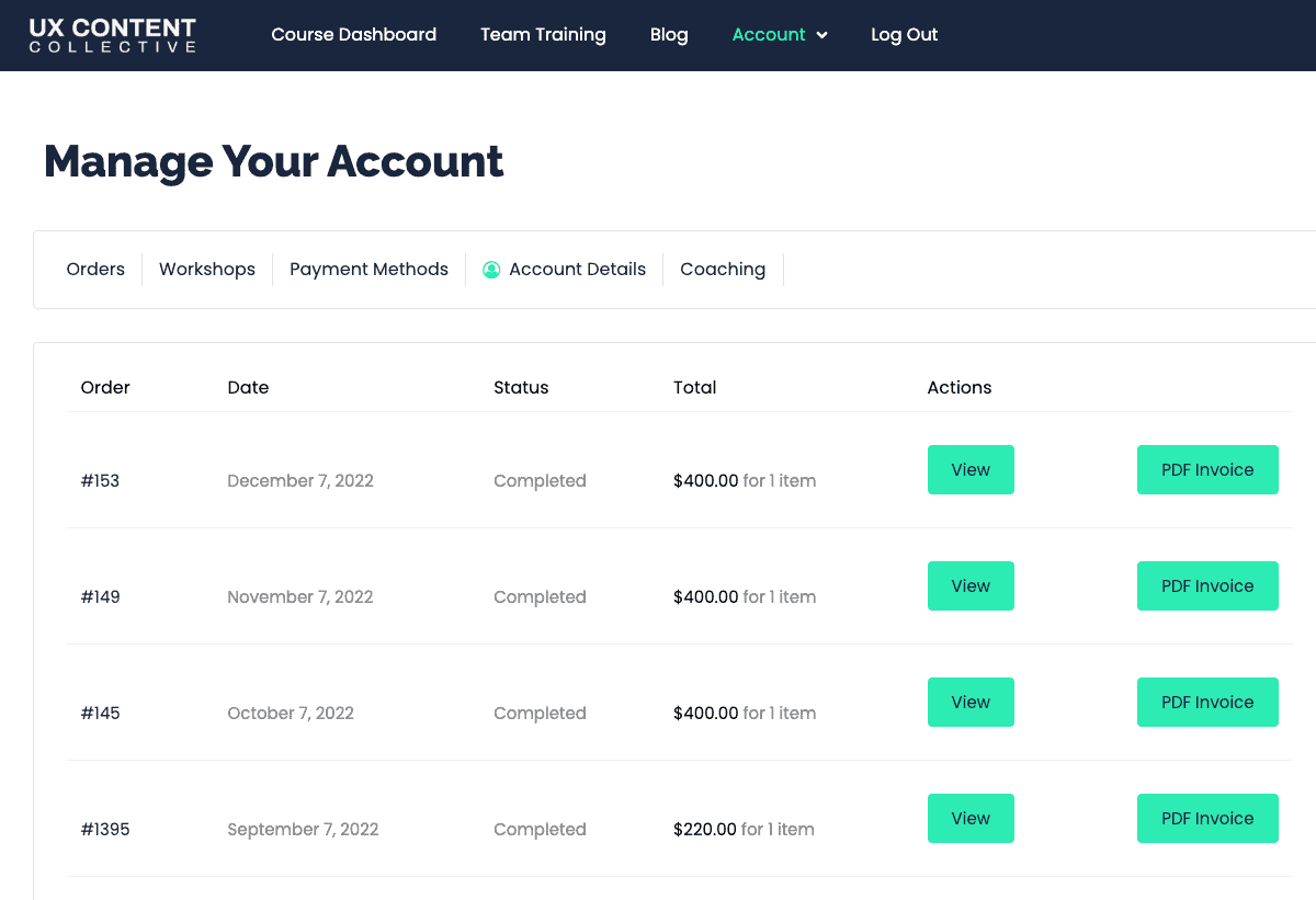 Orders tab on the UXCC manage your account page.