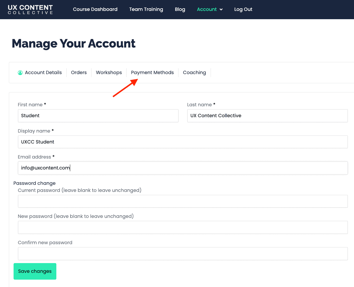 Payment methods tab on the UXCC manage your accounts page.