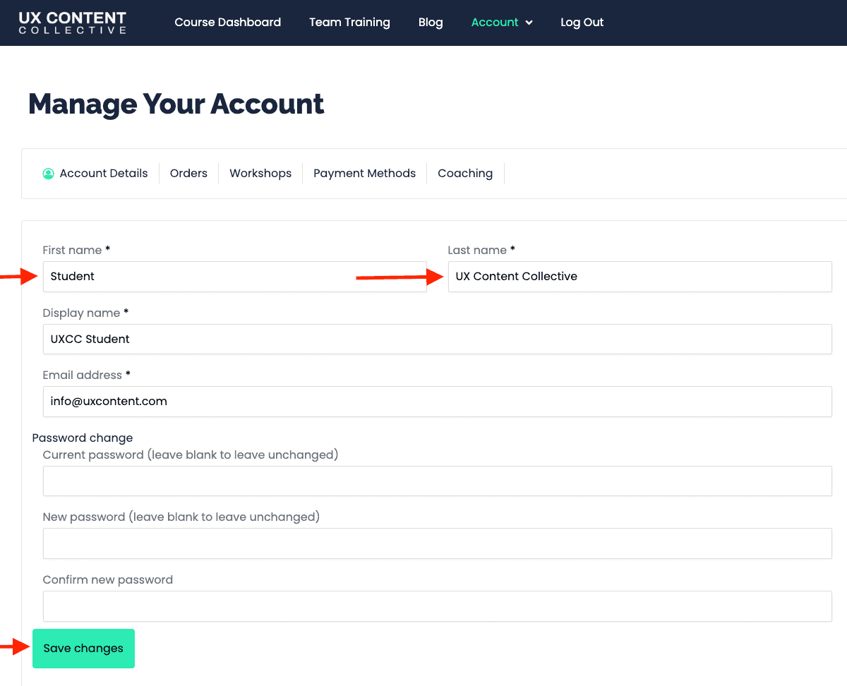 First and last name fields on the UXCC manage your accounts page.