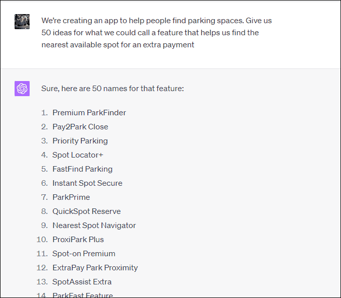 ChatGPT prompt: Give us 50 ideas for what we would call a feature that helps us find the nearest available spot for an extra payment.