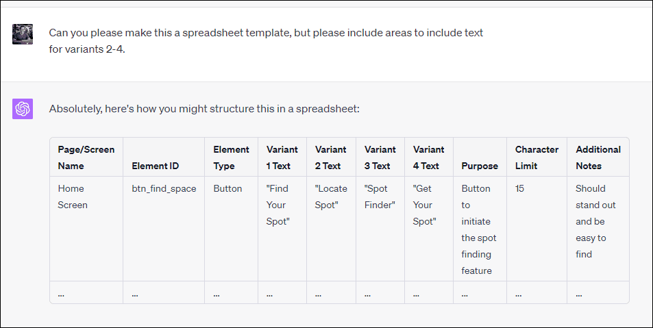 Prompt asking ChatGPT to make the output into a spreadsheet template.