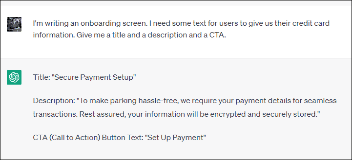 ChatGPT prompt: "I'm writing an onboarding screen. I need some text for users to give us their credit card information. Give me a title and a description and a CTA."