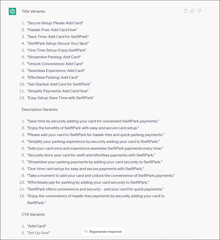 ChatGPT output with title, description, and CTA variants.