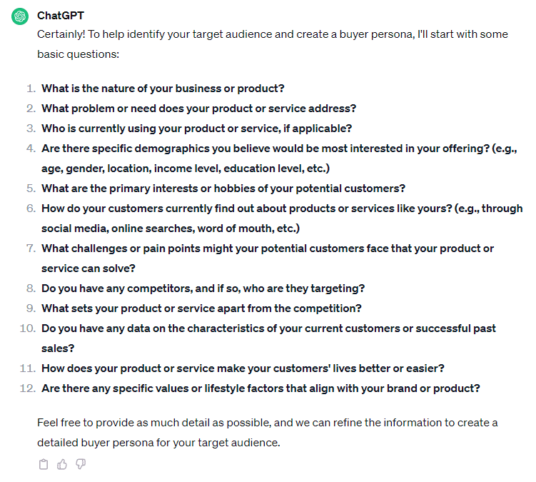 A ChatGPT chat log after it has been asked to ask the questions needed to create a buyer persona