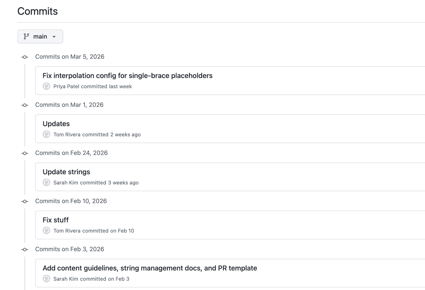 A list of Github commit messages reading titles such as "Fix interpolation config for single-brace placeholders", "Fix stuff", etc.