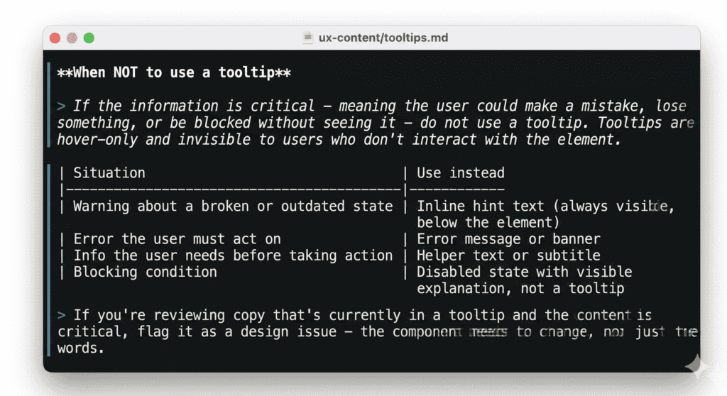 Screenshot of a code editor showing Step 2c of a skill.md file, titled "Check If The User Knows What To Do Next," with rules for handling copy that warns about problems or error states, including guidance on visible actions and design recommendations.