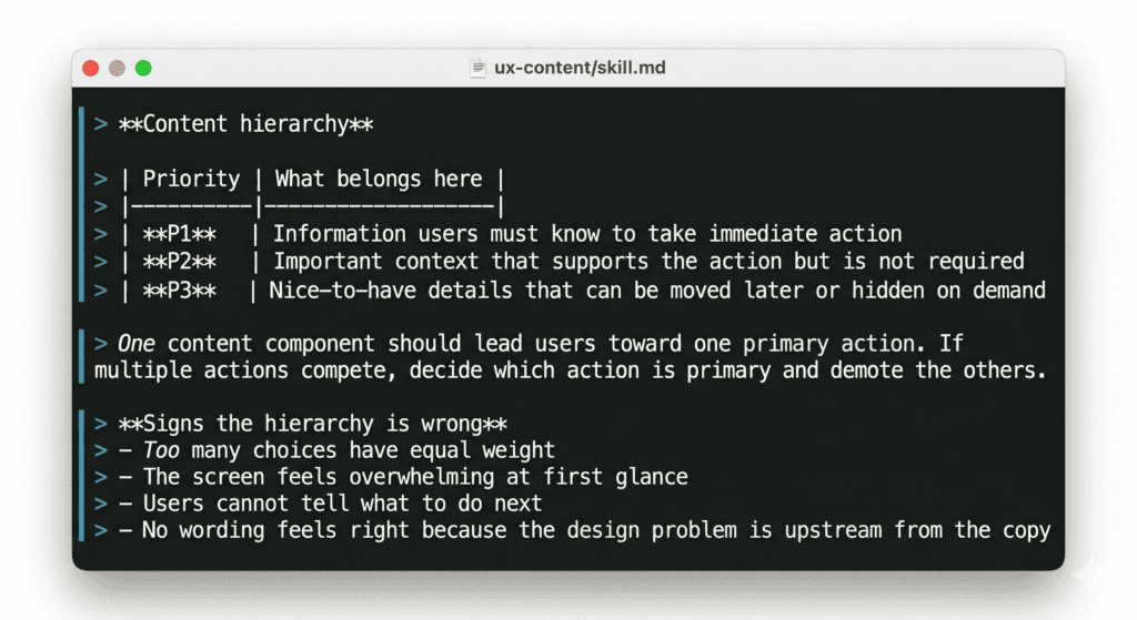 Screenshot of a code editor showing a content hierarchy table from a skill.md file, with P1, P2, and P3 priority levels defined, plus a list of signs that hierarchy is wrong.