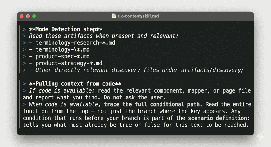 Screenshot of a code editor showing two rules from a skill.md file: the UX Writer role definition focused on full-screen experience, and a rule that copy has failed if the user cannot identify what to do next after reading it.