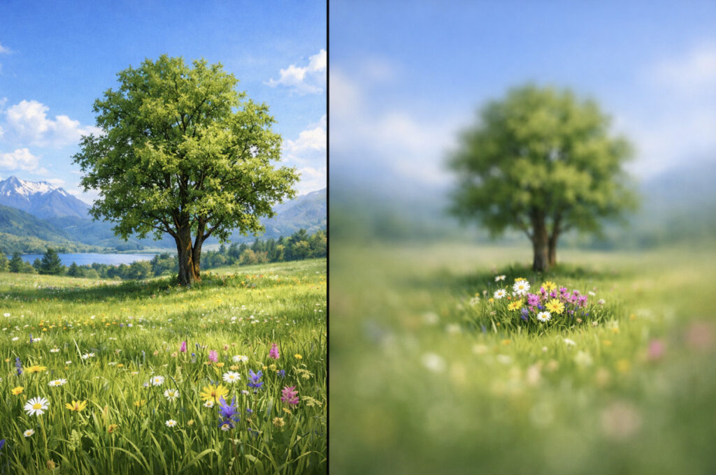 Alt text options depending on context: Concise: "Side-by-side comparison of the same meadow scene with a tree, wildflowers, and mountains: the left image is in sharp focus throughout, while the right is heavily blurred except for a small cluster of flowers in the centre.