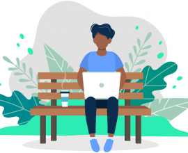 Man Sitting on the Bench and Working Man Sitting on the Bench and Working